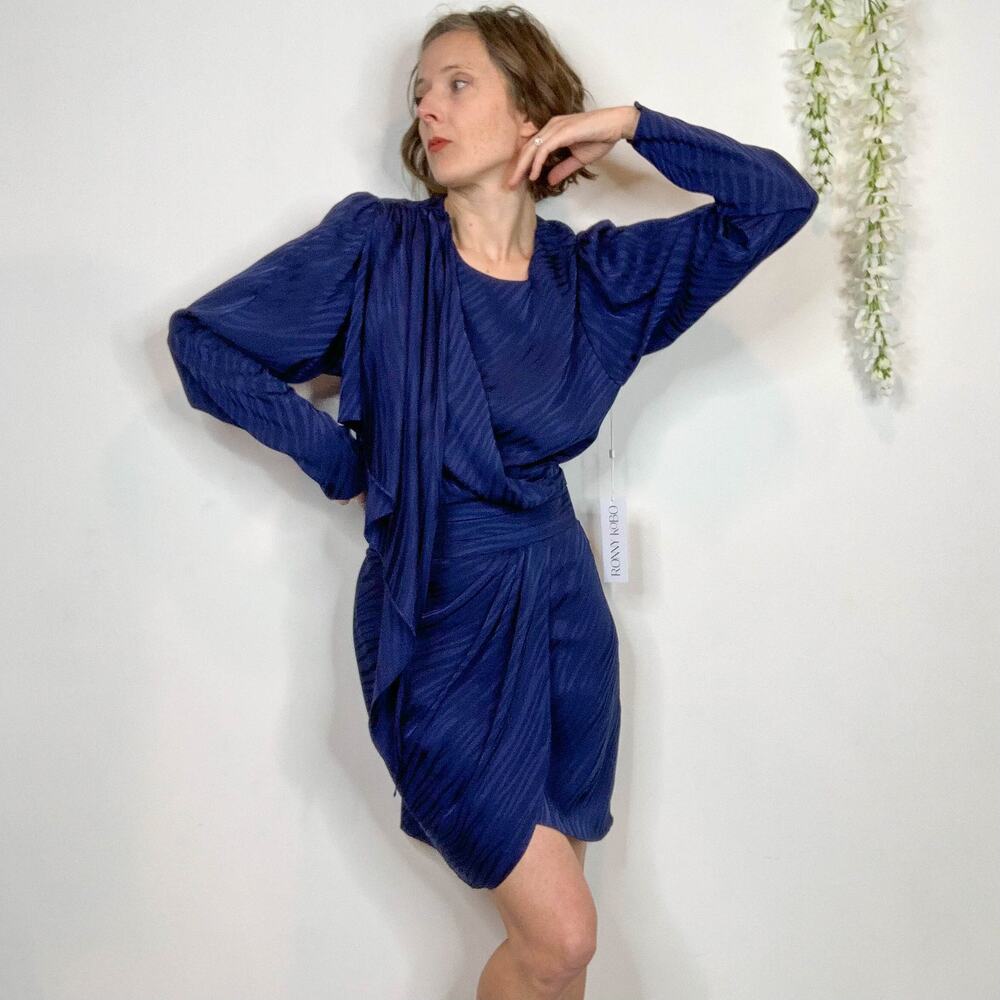 NWT RONNY KOBO 80s satin dress puff shoulder faux wrap draped